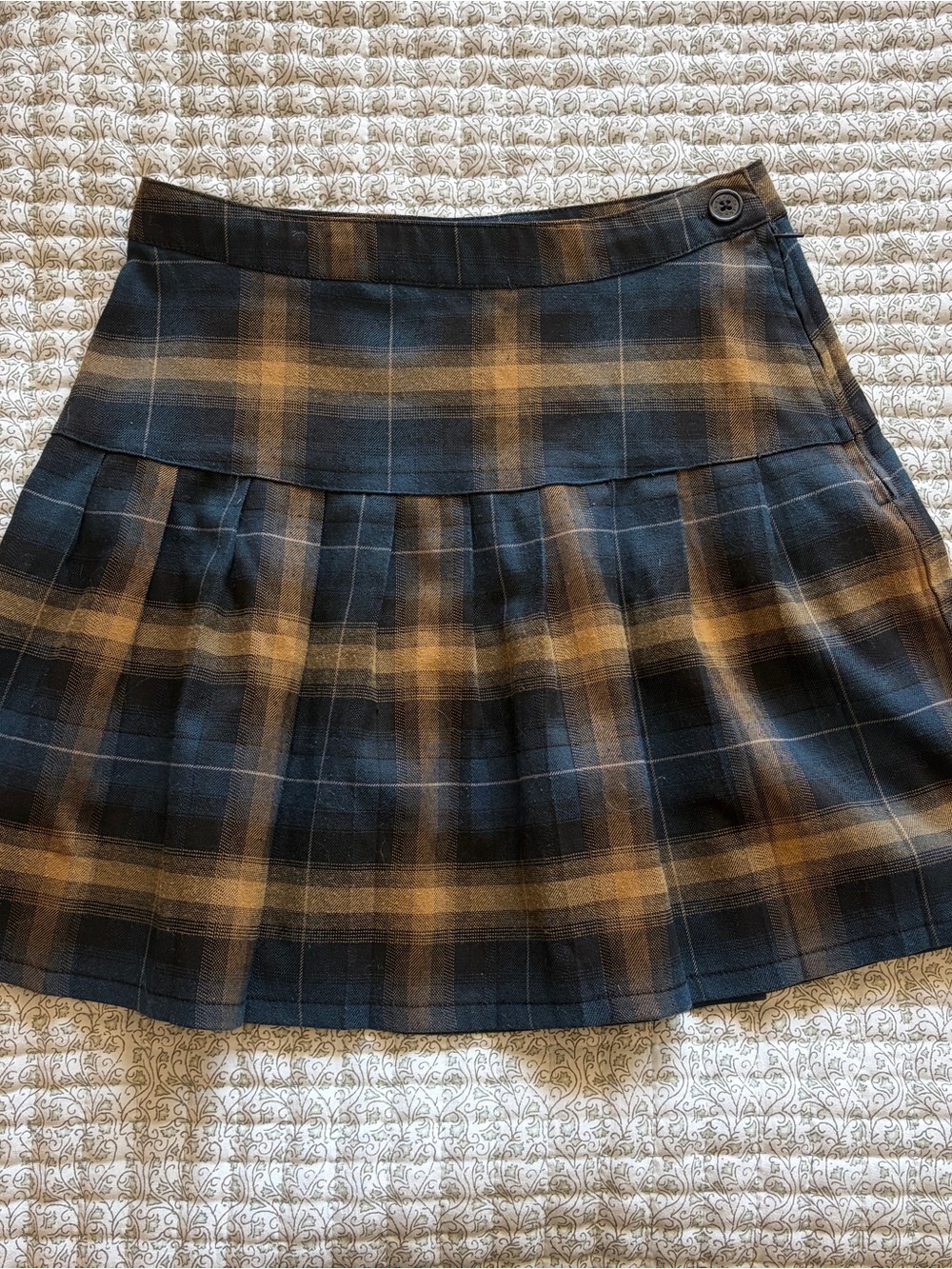 Dickies Pleated Plaid Mini Skirt in Navy and Tan